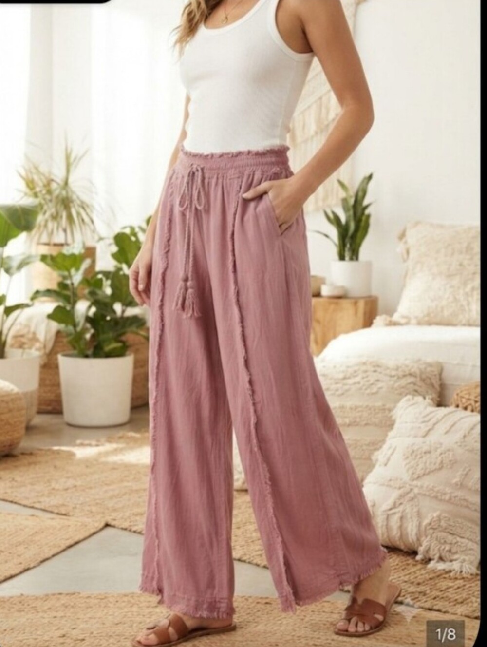 Vanilla Star Women’s Pink Wide-Leg Tassel Drawstring Pants Raw Hemline